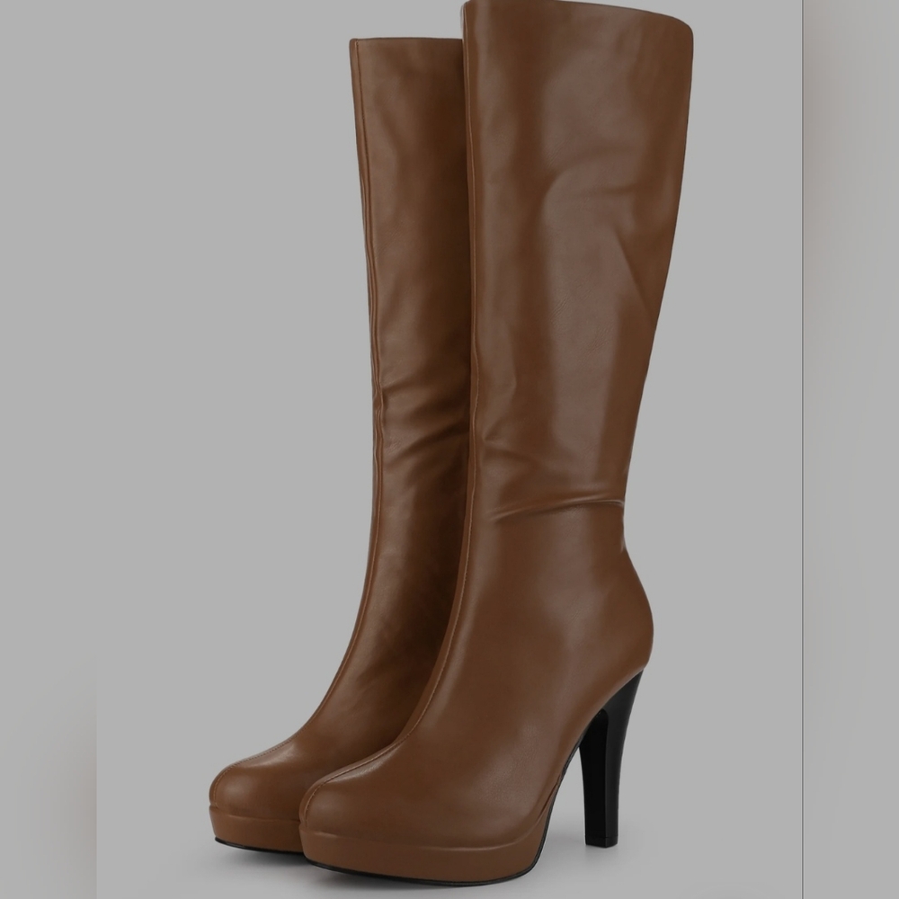 Allegra K | Faux Leather Chunky Heel Round Toe Zipper Platform Knee High Boots